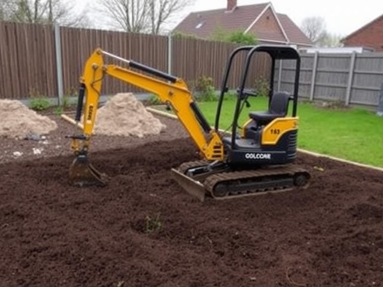 Mini graafmachine bezig met grondwerk in een tuin