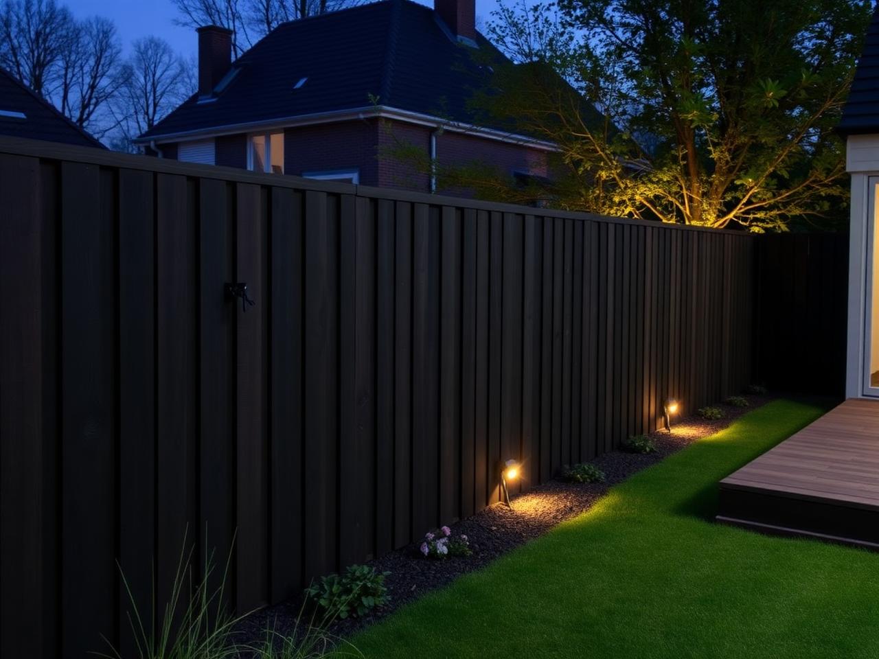 Donkere schutting met sfeerverlichting in een Nederlandse tuin